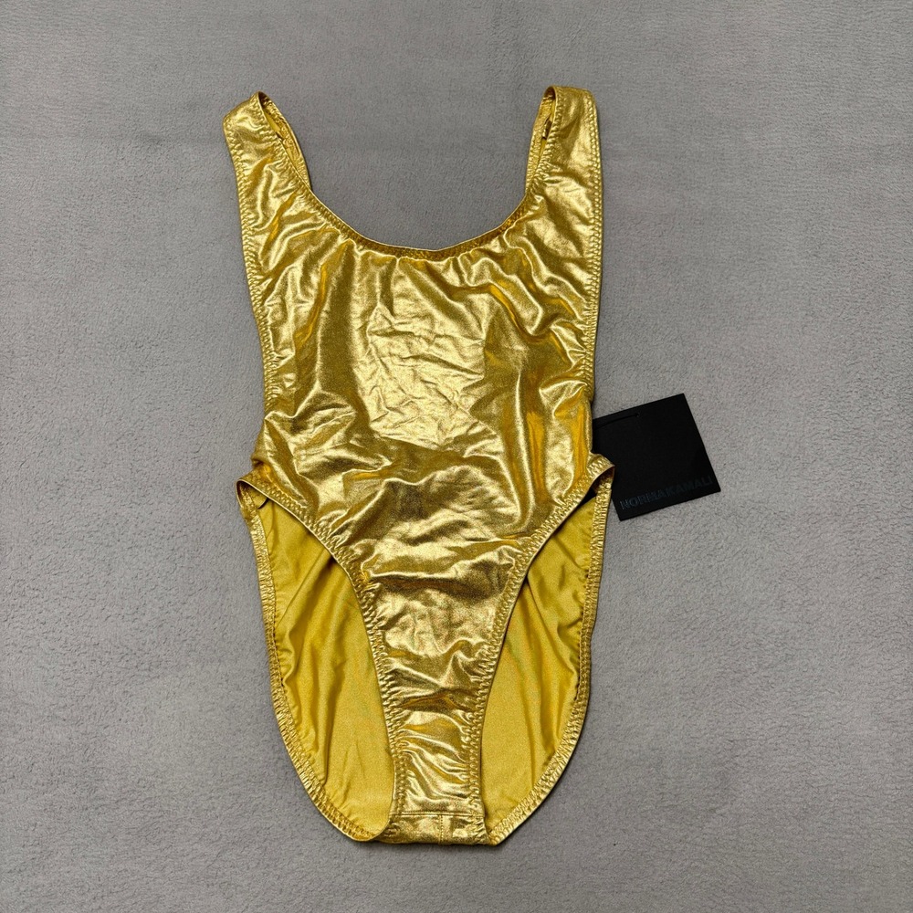 Norma Kamali Marissa Swimsuit Women M Gold Foil Metallic One Piece Bodysuit NEW